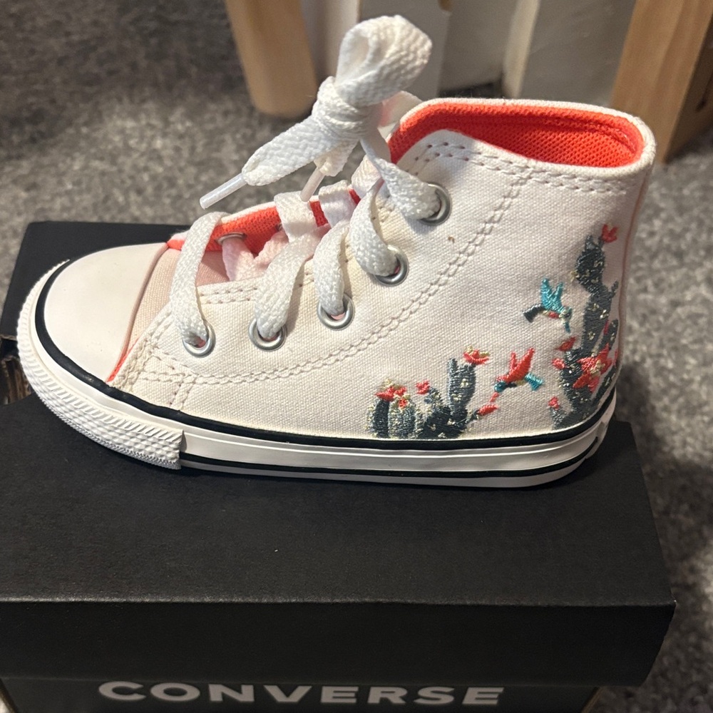 Converse Kids High-Top Sneakers - White with Cactus Embroidery